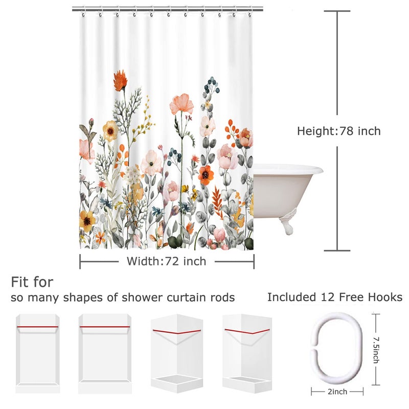 LIVILAN Floral Shower Curtains for Bathroom Flower Shower Curtain Pretty Shower Curtain Fabric Colorful Wildflower Flowered Shower Curtains with 12 Hooks Decorative Machine Washable, 72" W x 78" H - Image 4